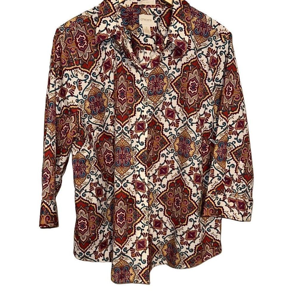 Chico’s Button Up Shirt Sz 3 XL Multicolor Paisley Colorful Art No no iron